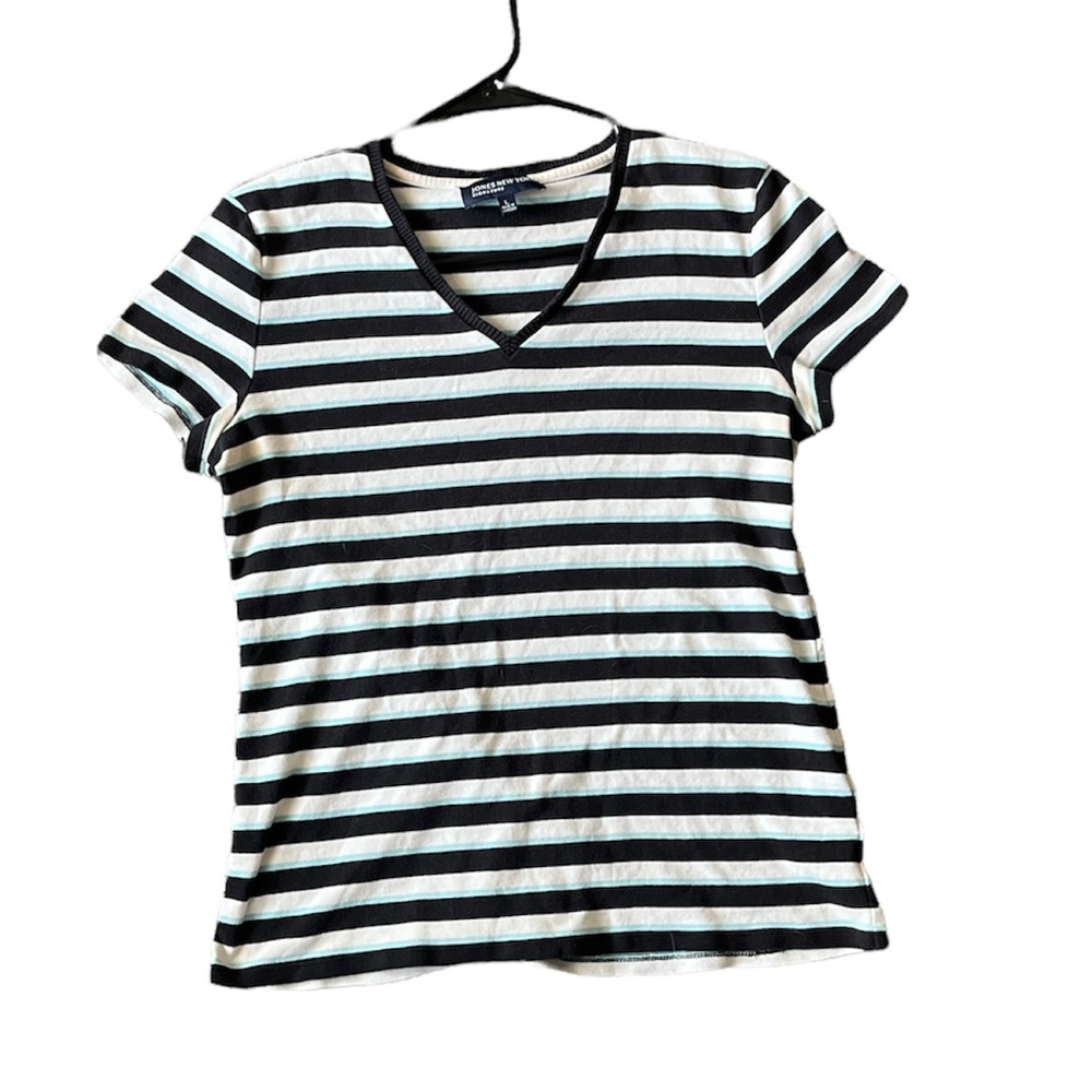 Jones New York Signature Large Striped V Neck T Shirt